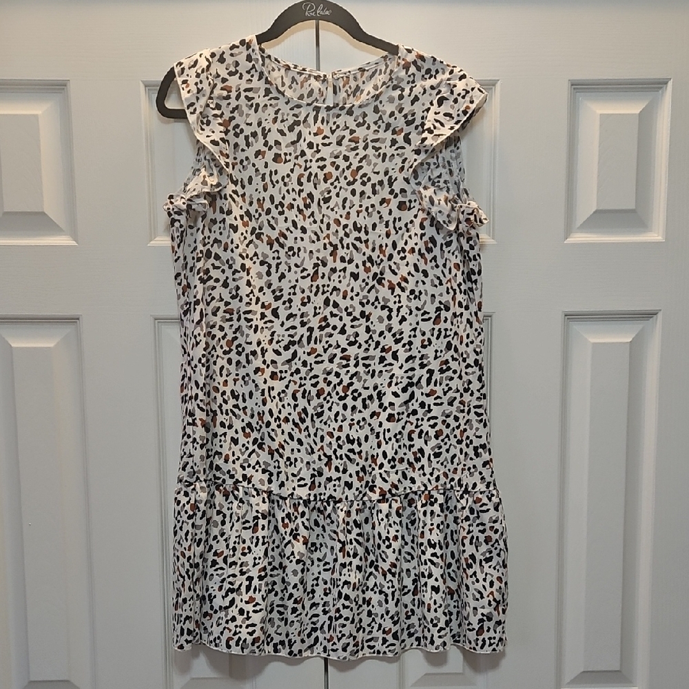 SHEIN White Ruffle Mini Dress with Black, Gray, and Tan Leopard Print L NEW